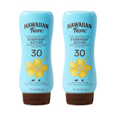 Hawaiian Tropic frente del envase doble mostrando tamaño y SPF 30 para actividades
