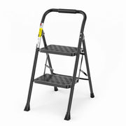 HBTower front view of two-step ladder showing sturdy steel frame and steps, stable reach