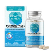 Health and Her envase frontal mostrando la fórmula para perimenopausia y tranquilidad