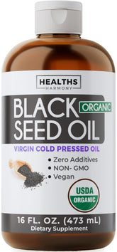 Healths Harmony front bottle label showing organic black seed oil benefits