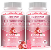 Healtionist front packaging showing two peach gummy bottles and supplement benefits
