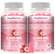 Healtionist front packaging showing two peach gummy bottles and supplement benefits