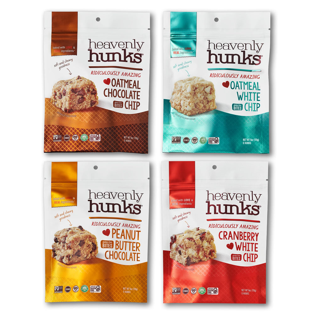 Heavenly Hunks frente del paquete mostrando los cuatro sabores y conveniencia