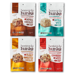 Heavenly Hunks frente del paquete mostrando los cuatro sabores y conveniencia