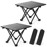 hediya front packaging showing two compact black folding tables, highlights portability