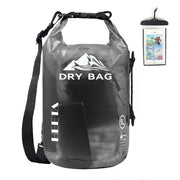 HEETA front view of 20L transparent black dry bag showing closure and capacity benefit