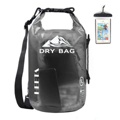 HEETA front view of 20L transparent black dry bag showing closure and capacity benefit