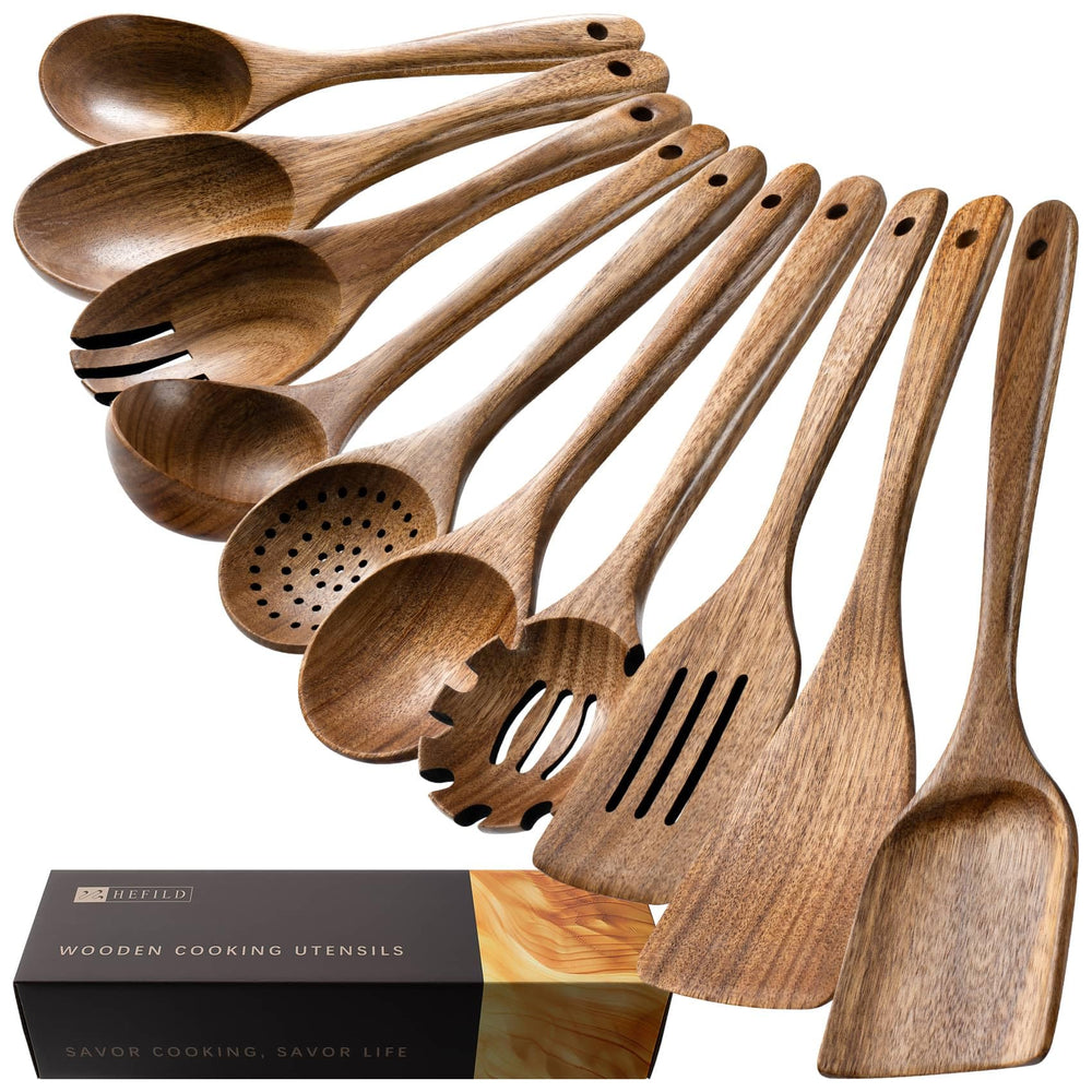 Hefild acacia wooden utensil set front view showing all ten pieces and durable finish