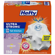 Hefty vista frontal del paquete de 110 bolsas mostrando cantidad y fragancia