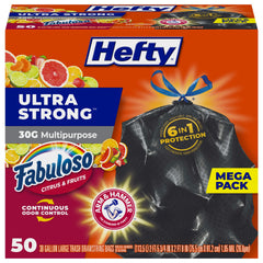Hefty paquete frontal mostrando 50 bolsas 30 gal y beneficio de gran capacidad