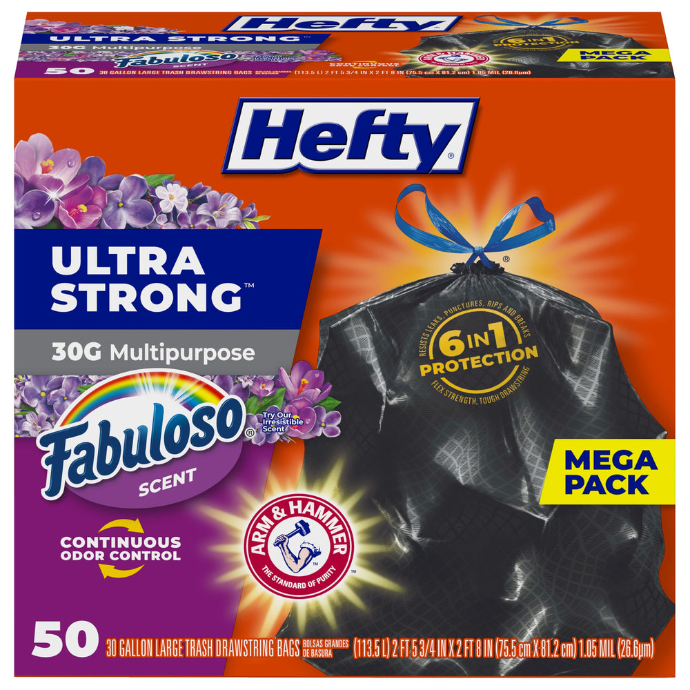 Hefty front box showing 50-count pack and 30-gallon size for easy stocking