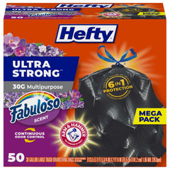 Hefty front box showing 50-count pack and 30-gallon size for easy stocking