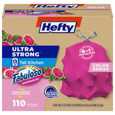 Hefty empaque frontal rosa mostrando 110 bolsas y resistencia garantizada