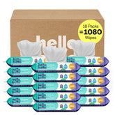Hello Bello front packaging showing 18 resealable packets and branding for bulk convenience