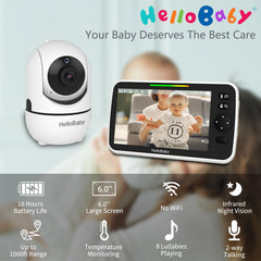 HelloBaby camera close-up lens showing pan-tilt mechanism for full-room coverage