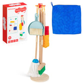 HELLOWOOD full 8-piece wooden cleaning set arranged on floor showing completeness and quality