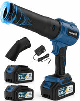 HelpNET front view showing deep blue blower and nozzle, highlighting portability and power