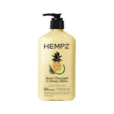 Hempz envase frontal con aroma piña y melón, hidratación visible