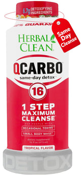 Herbal Clean Qcarbo16 frente del envase mostrando etiqueta y sabor tropical