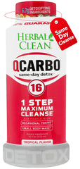 Herbal Clean Qcarbo16 frente del envase mostrando etiqueta y sabor tropical