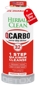 Herbal Clean Qcarbo32 front bottle showing tropical label and benefits