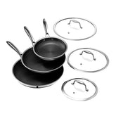 HexClad three pans front view with lids showing versatility and organized storage