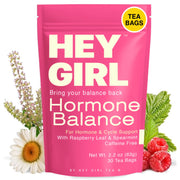 Hey Girl Tea empaque frontal que muestra 30 bolsitas y beneficios sin cafeína