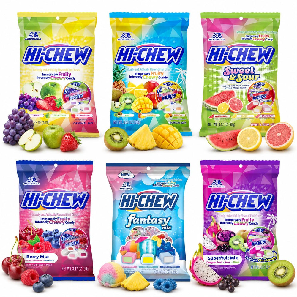 HI-CHEW vista frontal del paquete que muestra variedad y conveniencia