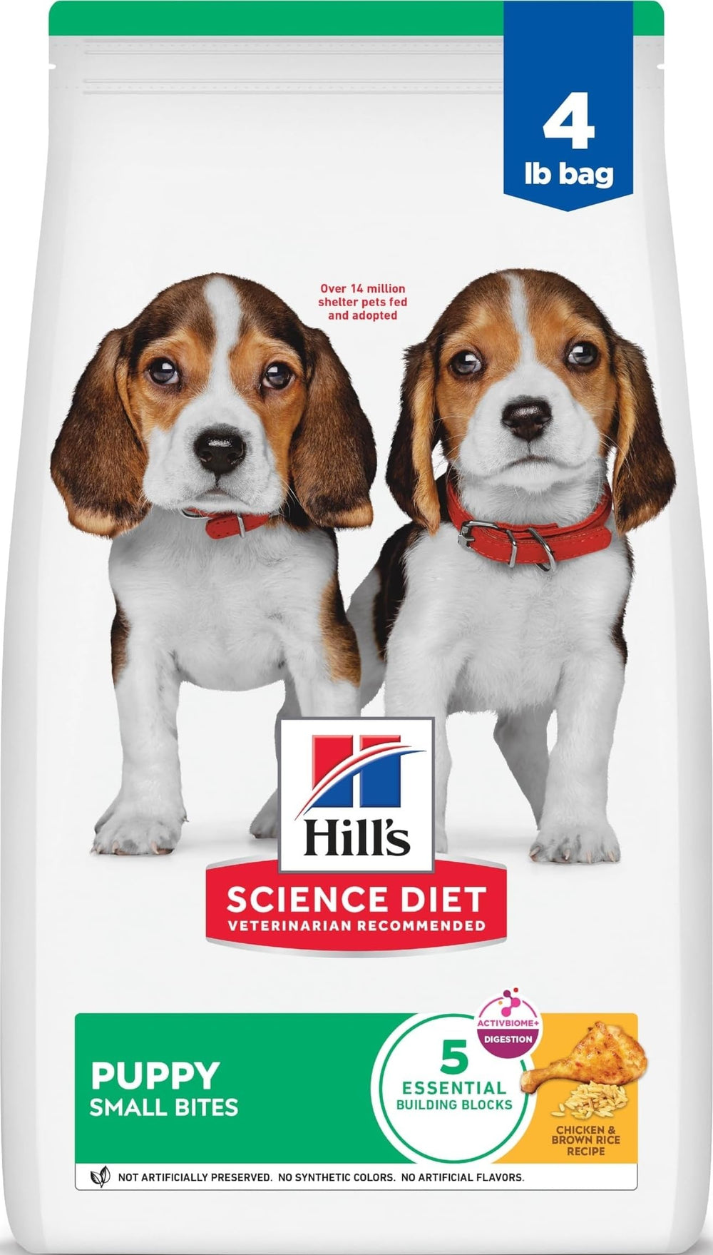 Hill's Science Diet paquete frontal que muestra receta para cachorros y beneficios