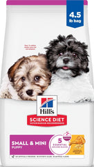 Hill's Science Diet paquete frontal que destaca la receta para cachorros pequeños y mini