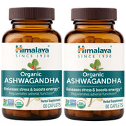 Himalaya frasco frontal que muestra ashwagandha USDA Organic y beneficios