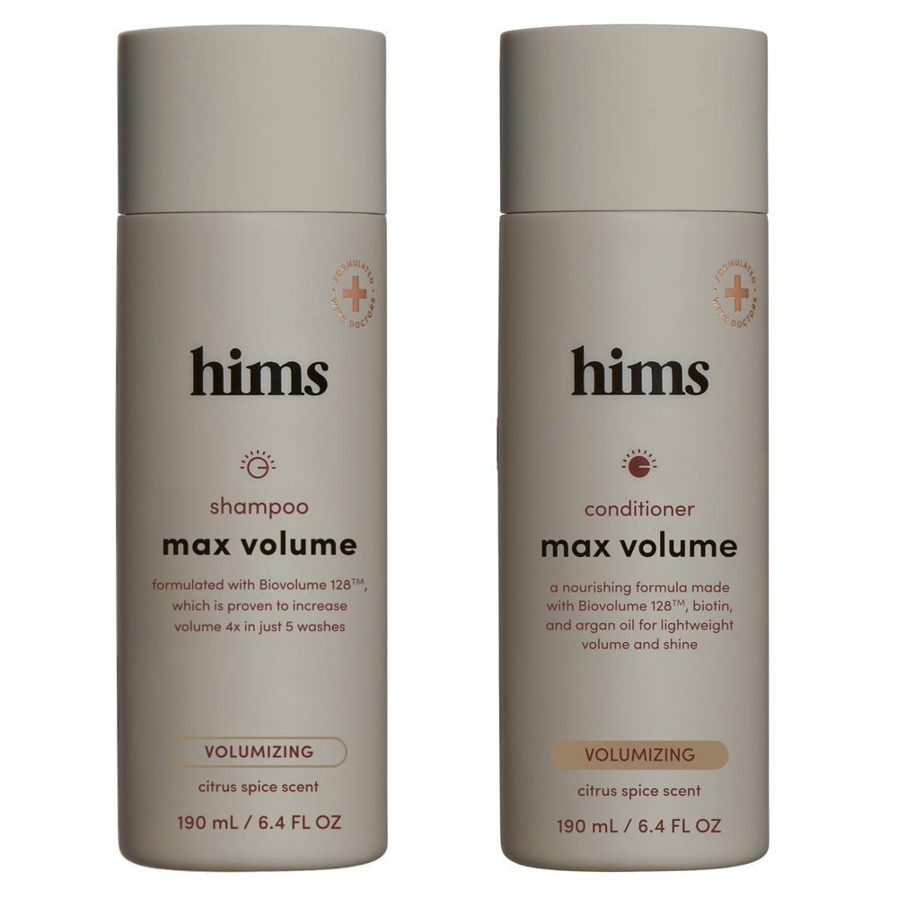 hims envases frontales del set Max Volume mostrando diseño y volumen