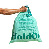 HoldOn front packaging showing box of 40 compostable tall bags with clear labeling and benefits