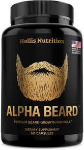 Hollis Nutrition frasco frontal del suplemento Alpha Beard mostrando etiqueta clara y diseño