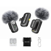 Hollyland Lark A1 frontal y accesorios mostrando todo el kit