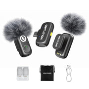 Hollyland Lark A1 frontal y accesorios mostrando todo el kit