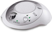 Homedics SoundSleep vista frontal plateada mostrando controles y diseño compacto para ahorro de espacio