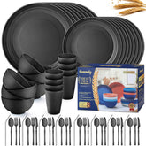 Hommaly front view of full black dinnerware set showing all pieces and convenience