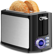 Hommater front view showing compact stainless toaster and LED timer for precise results