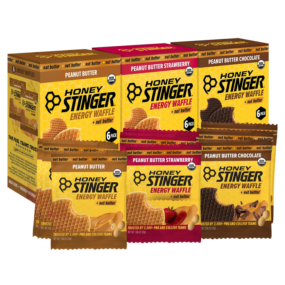 Honey Stinger vista frontal del paquete mostrando variedad y conveniencia