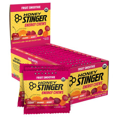Honey Stinger front packaging showing organic fruit smoothie chews and benefits