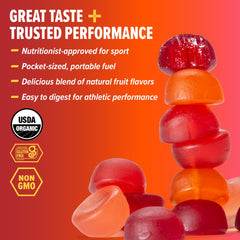 Honey Stinger chews with visible ingredient textures and organic label benefit