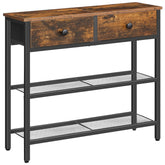 HOOBRO console table front view showing rustic brown top and black frame, provides compact organization