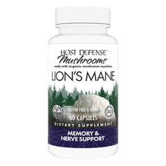 Host Defense envase frontal mostrando Lion's Mane y beneficio cognitivo