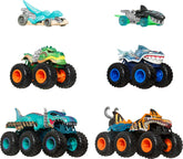 Hot Wheels frontal del paquete Sharks vs. Dinos mostrando 8 vehículos listos para jugar