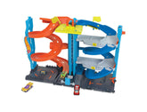 Hot Wheels front view of Transforming Race Tower showing full playset and fast racing