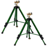 Hourleey sprinkler on tripod front view showing stable placement and even coverage