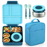 Howeemo vista frontal del bento azul mostrando cierre seguro y diseño infantil