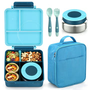 Howeemo vista frontal del bento azul mostrando cierre seguro y diseño infantil