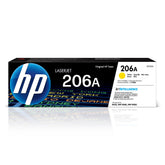 HP 206A yellow front packaging showing product and compatibility benefits